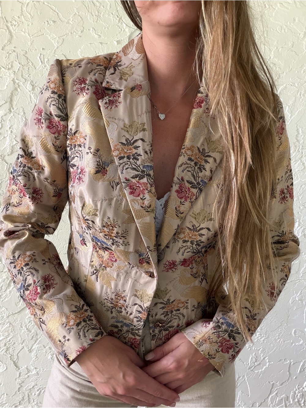 Cache Floral Brocade Blazer in Cream with Pink & Gold Floral Accents